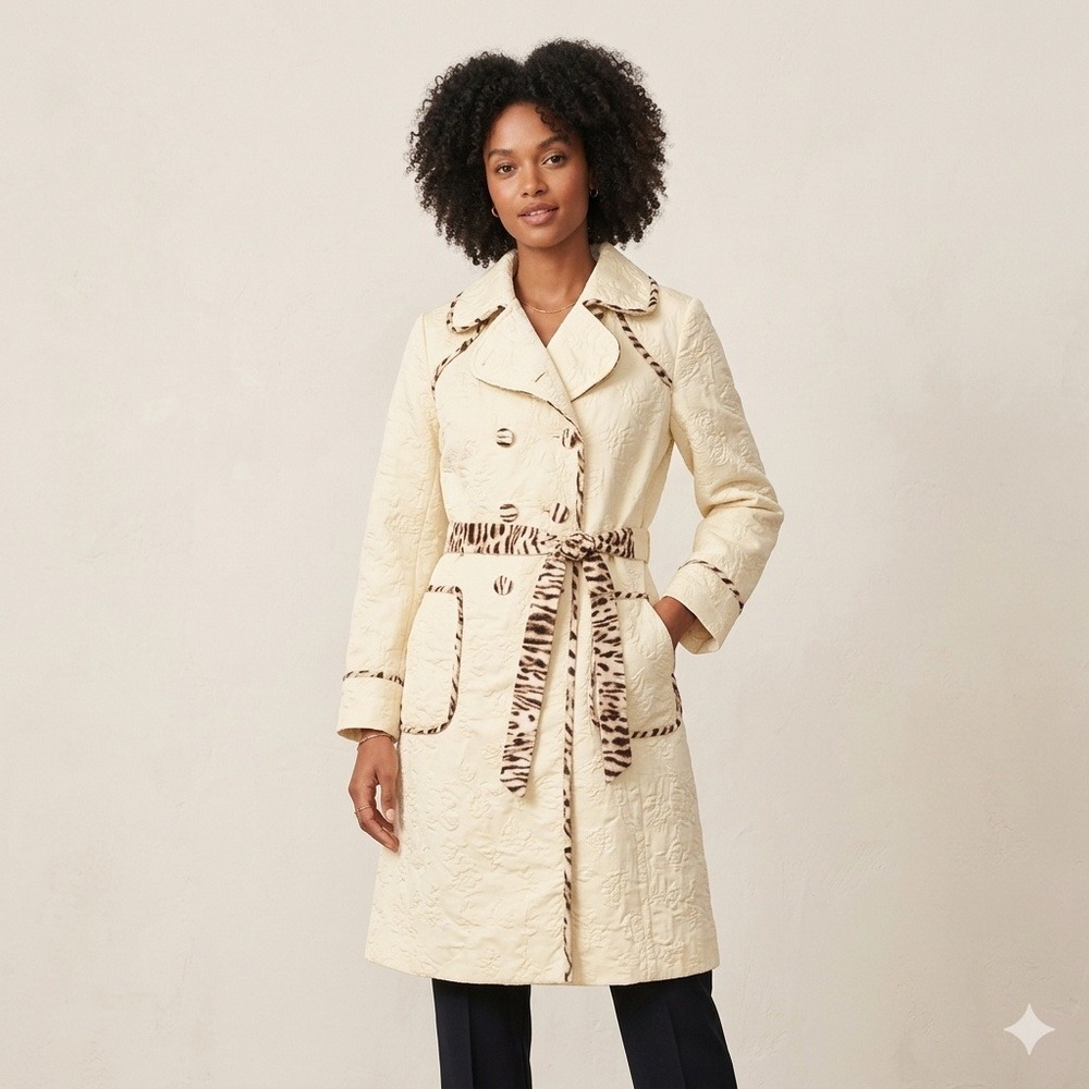 Rebecca Taylor Animal Print Quilted Trench Coat Womens 4 Yellow Belted